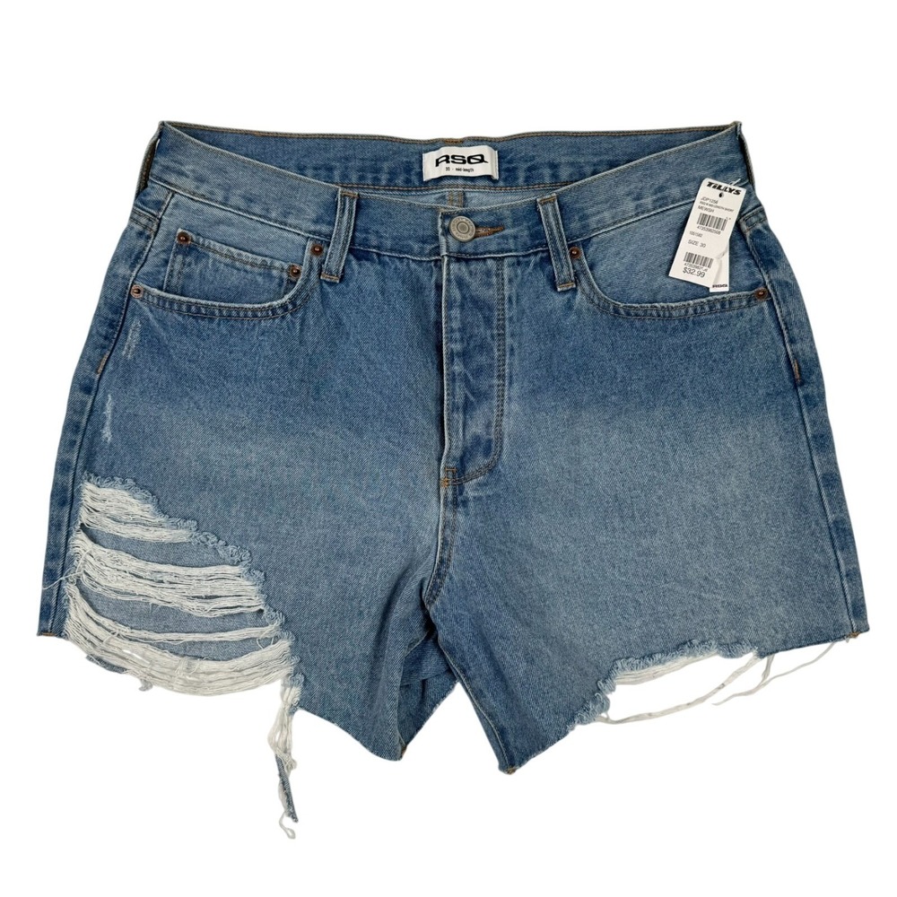 RSQ Distressed Denim Shorts Size 30 Button Fly High Rise Raw Hem Festival Y2K